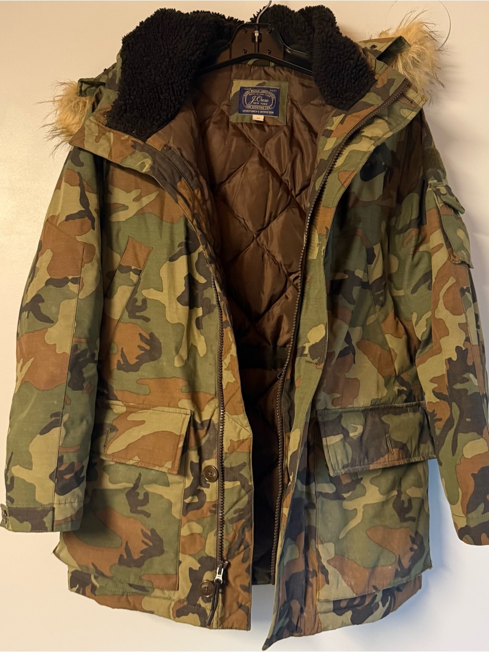 J. Crew Men's Camo Puffer Parka with Faux Fur Trim